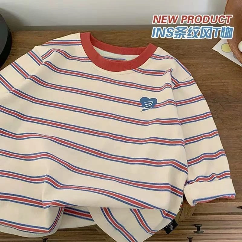 儿童春秋男童条纹长袖T恤2025年女宝宝春季潮牌休闲上衣打底衫潮