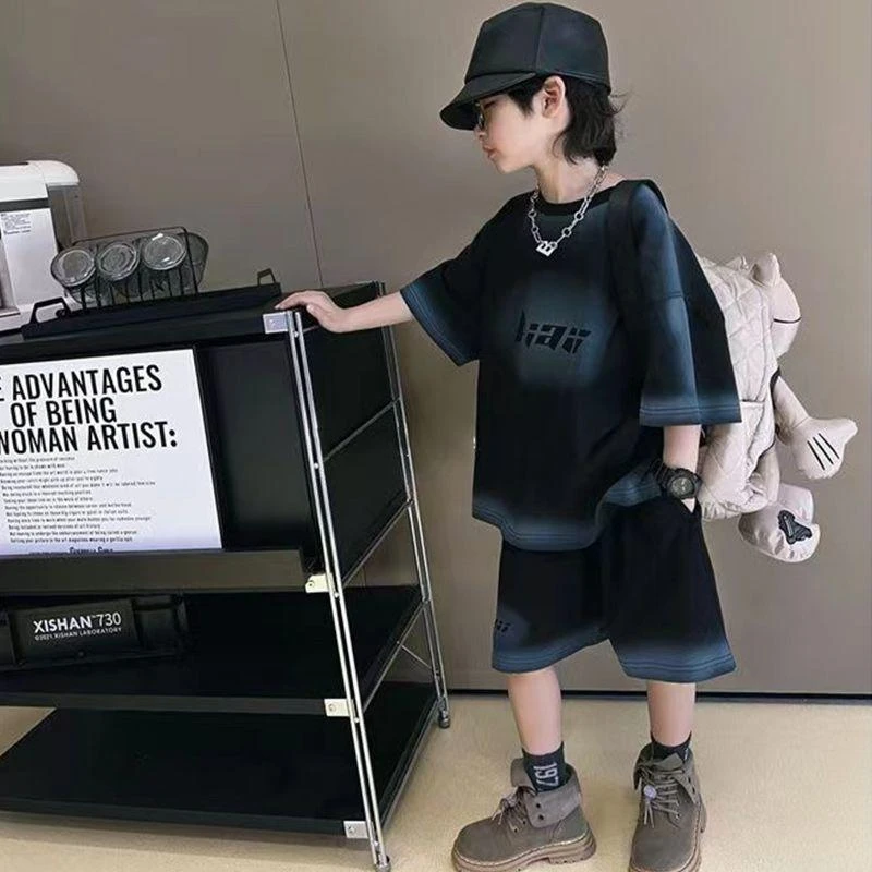 男童酷帅短袖套装夏季2025新款中大儿童韩系渐变色个性休闲两件套