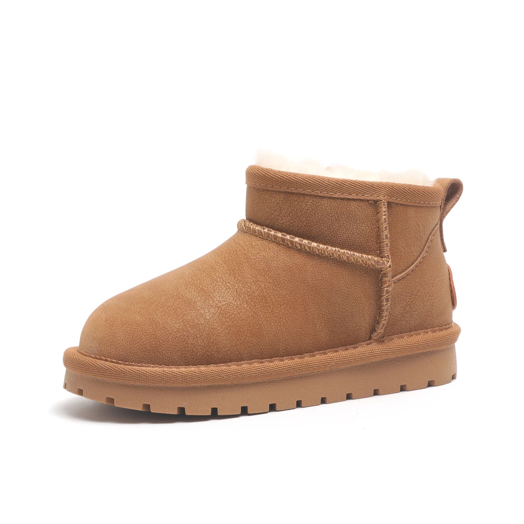 皮毛一羊毛体雪地靴女男童女童儿真皮防水童棉鞋加厚