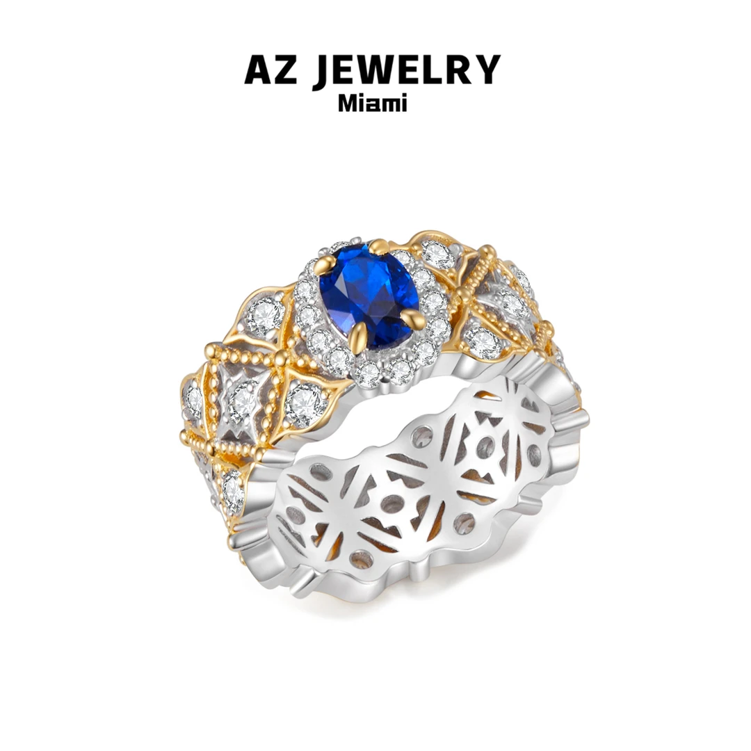 925银合成锆石戒指 【卢浮宫】复古蓝色镂空重工满镶戒指小众指环