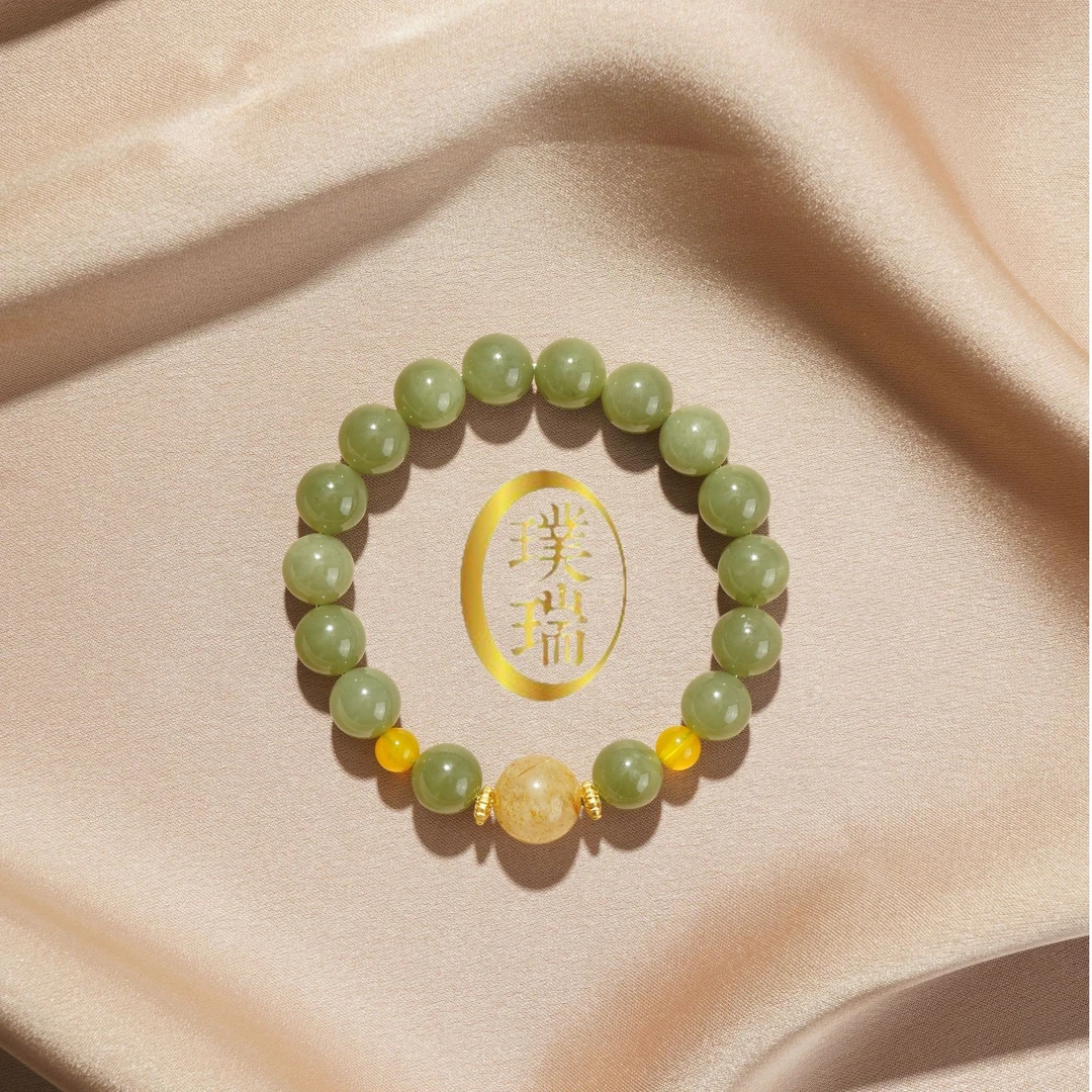 天然和田玉配黄水晶顶珠大点位卡10mm手链 多样性发一 SL565