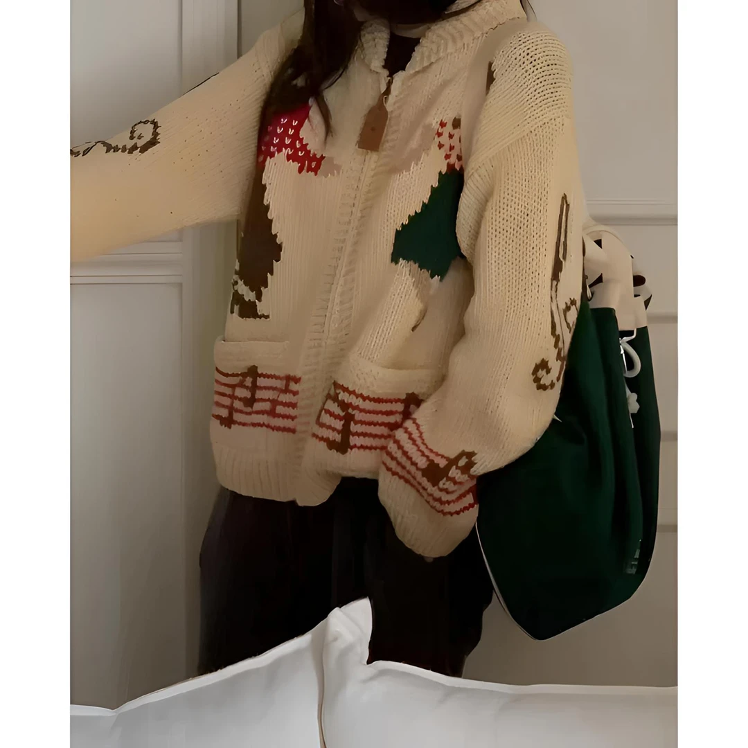 新款跳舞小人音符刺绣重工百搭慵懒针织衫开衫外套N4156