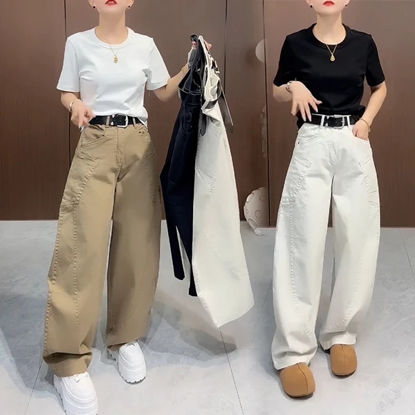 2025秋季新款拼接大兜弯刀拖地裤女时尚洋气百搭显瘦高腰牛仔裤女