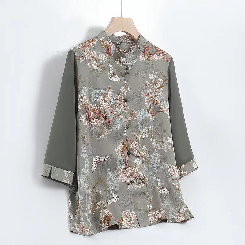 9614-绿 中老年妈妈夏装新款衬衫中式风薄款衬衣开衫【E仓东楼梯】