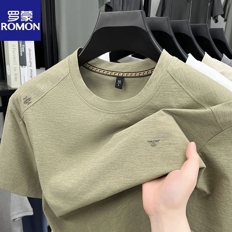 罗蒙2025年新款夏季男士短袖圆领纯色体恤衫中青年休闲上衣半袖衫