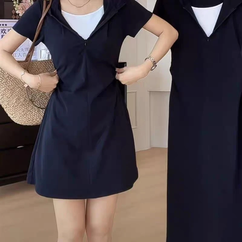 【邻家女孩】微胖大码显瘦夏季连衣裙韩版休闲拼色翻领时尚减龄