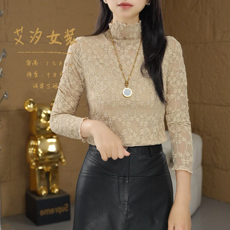修身型半高领内搭女装气质纱网小衫长袖蕾丝打底衫