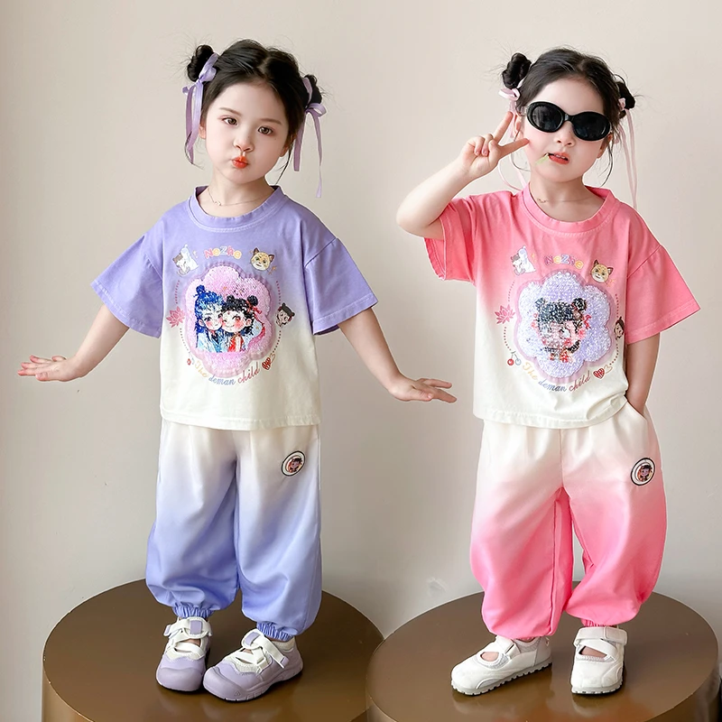 女童渐变色哪吒套装洋气夏季女宝宝短袖防蚊裤两件套小女孩童装潮