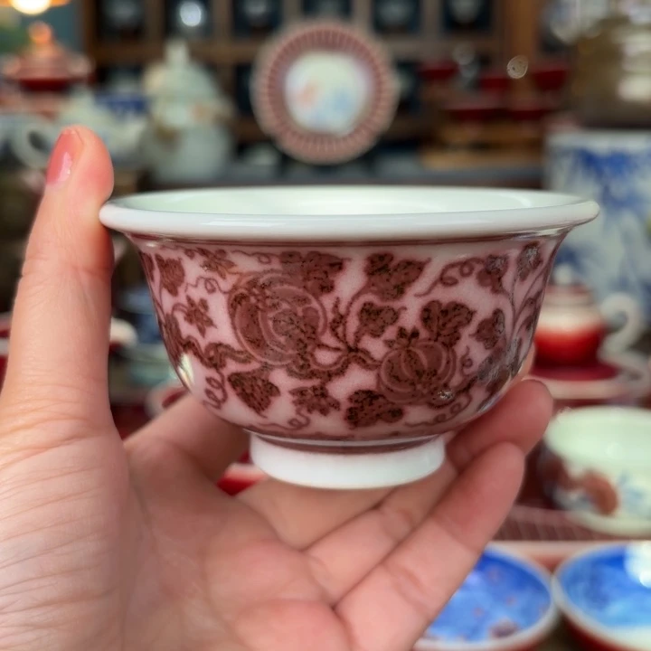 陶闻轩坊原矿釉里红，瓜碟压手杯