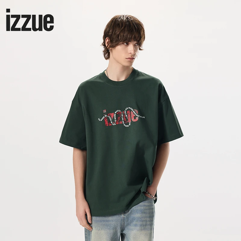 izzue短袖T恤夏季新款时尚LOGO印花宽松纯棉舒适黑色t恤男短袖t恤