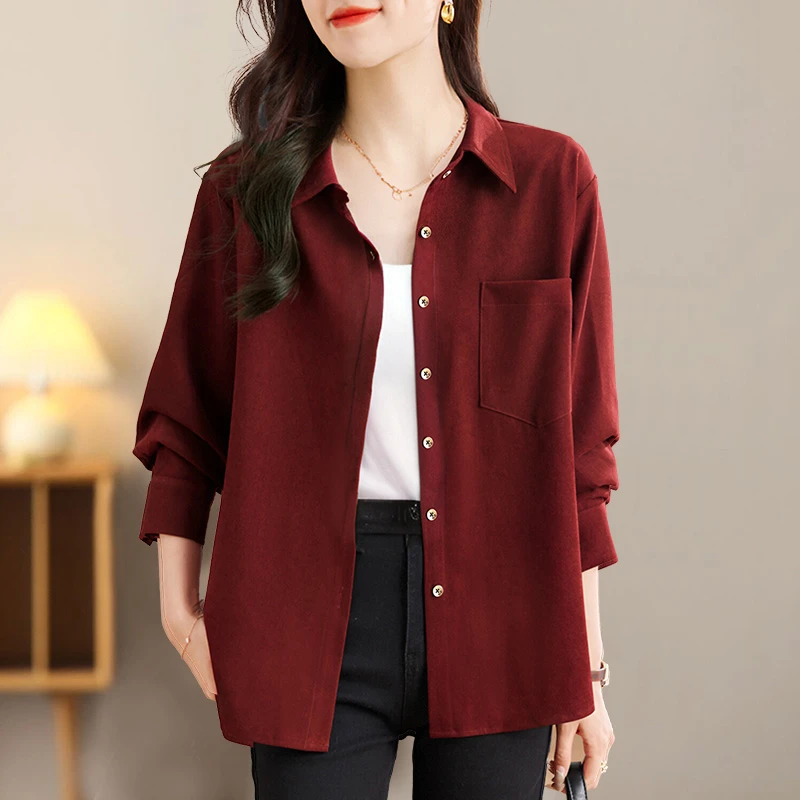 红色高端灯芯绒衬衫女春秋2025新款上衣大码外套女士高级长袖衬衣