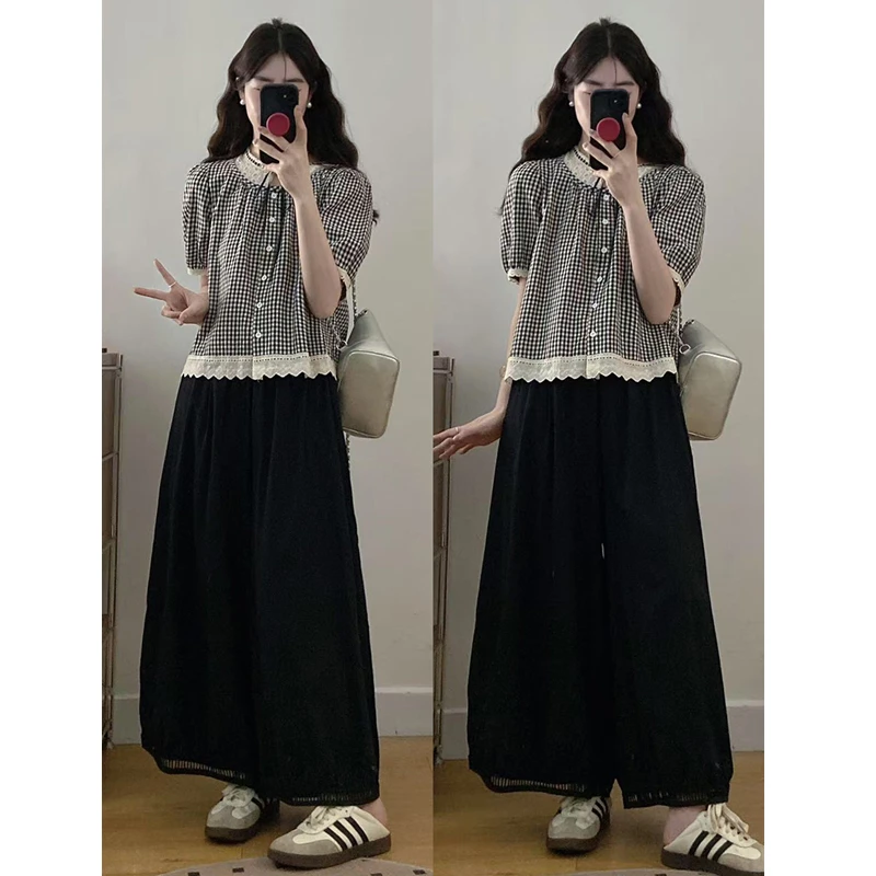 大码女装夏季新款胖mm格子衬衫设计感蕾丝花边上衣阔腿裤洋气套装