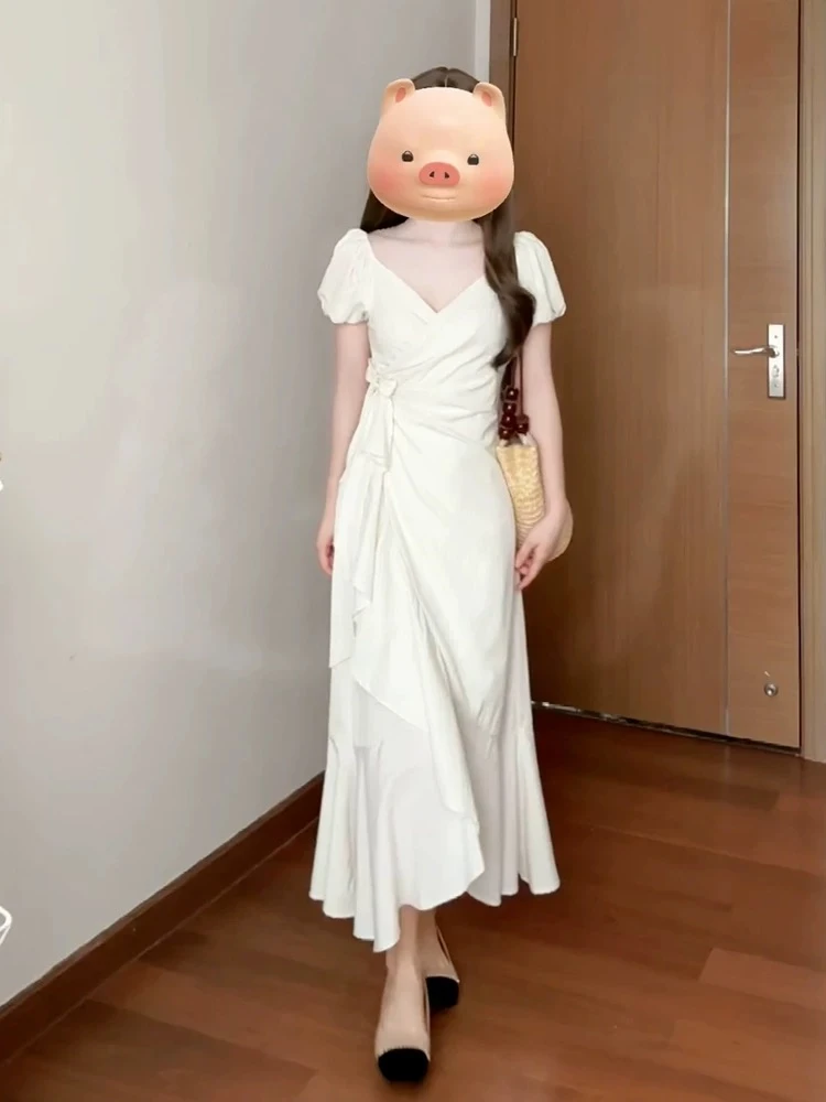 大码长裙夏季甜美泡泡袖系带连衣裙8823