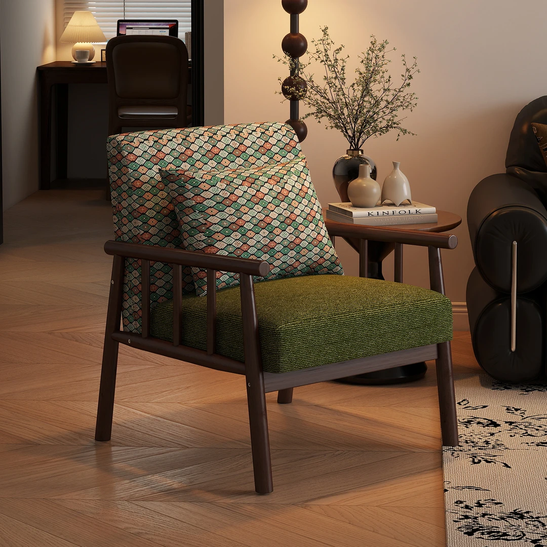 单人沙发中古风客厅阳台实木休闲椅复古风设计师靠背懒人单人椅子