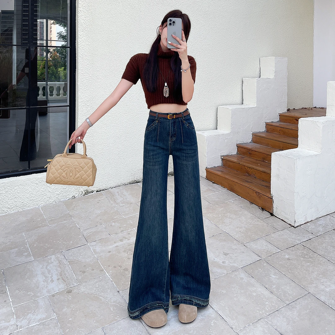 高腰微喇叭牛仔裤女2025秋季蓝灰色新款网红弹力宽松直筒显瘦7912