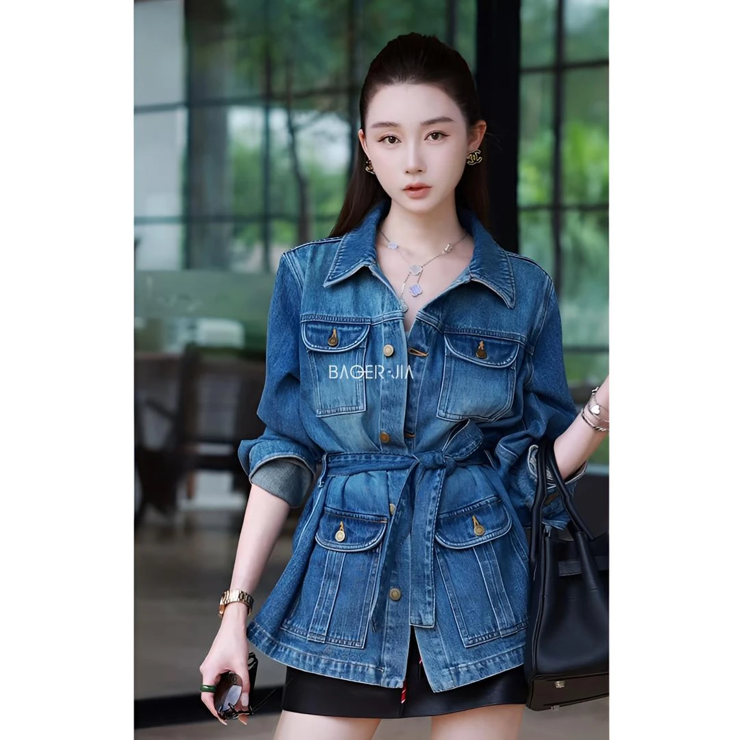 88-宝儿家含幂BA131525308秋冬经典水洗工艺原始质感收腰牛仔外套