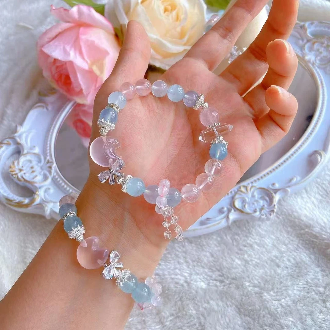 海蓝宝x粉水晶 9-10mm 天然水晶 设计款月亮随形手串 礼盒装 F045