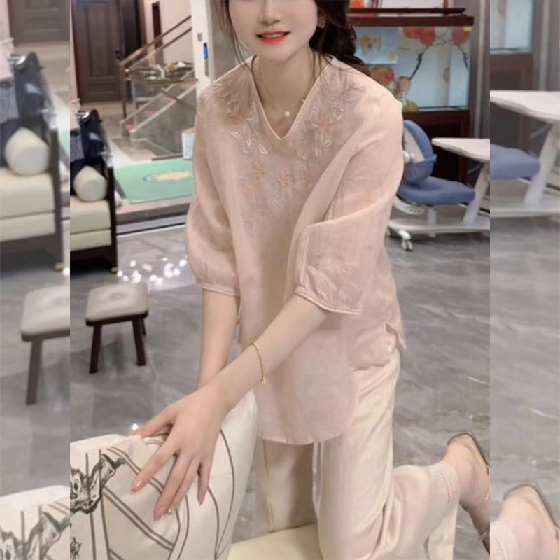 国风舒适简约气质套装2025夏季新款潮流洋气减龄衬衫休闲裤两件套