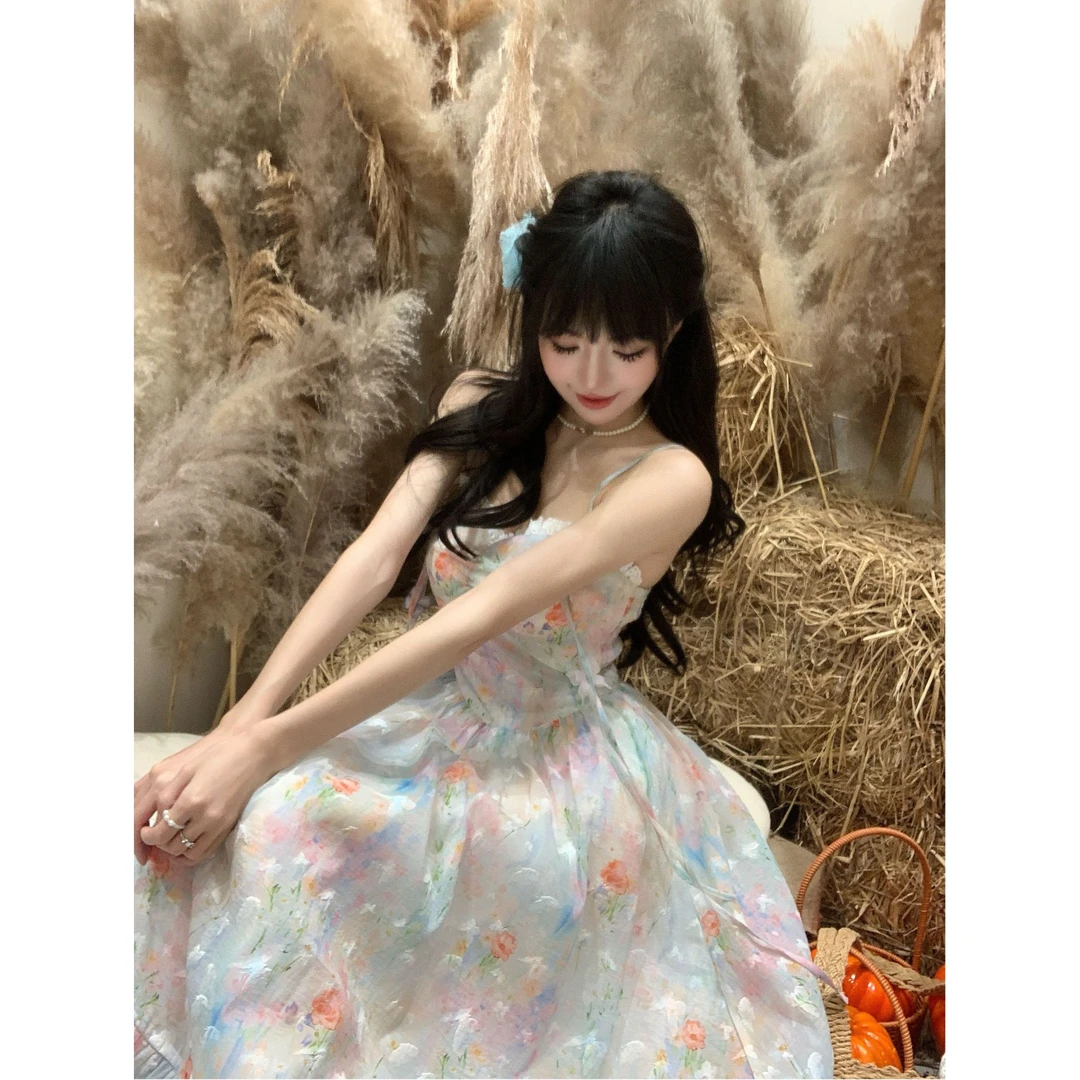 【QIANJIN】‘蝶恋花海’夏季纯欲法式气质吊带花朵收腰连衣裙QL86113