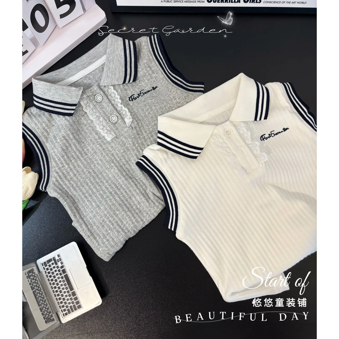 女童夏季新款背心T恤洋气女宝宝条纹翻领花边无袖上衣