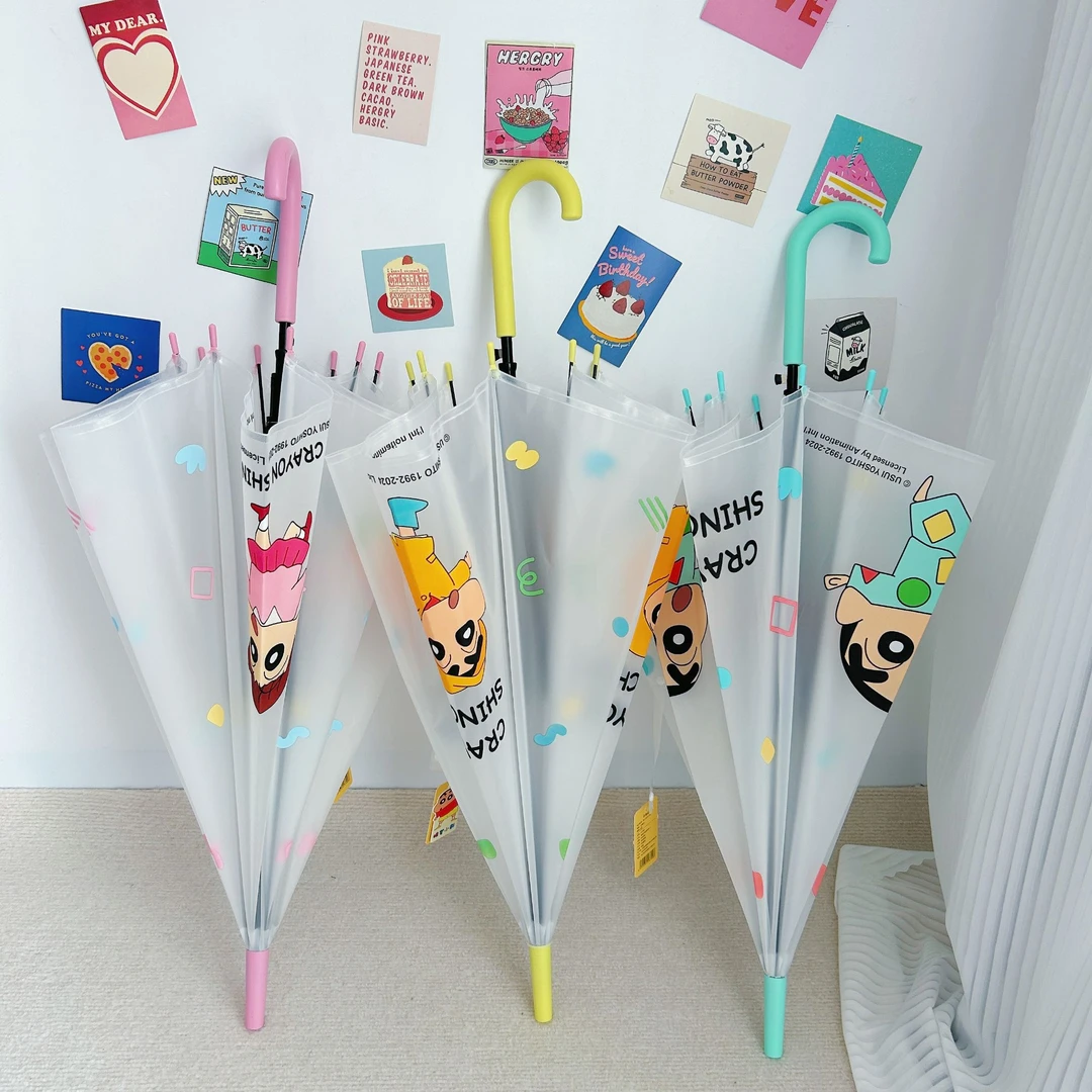 蜡笔小新正版透明雨伞磨砂长柄直杆可爱学生卡通成人加厚雨伞