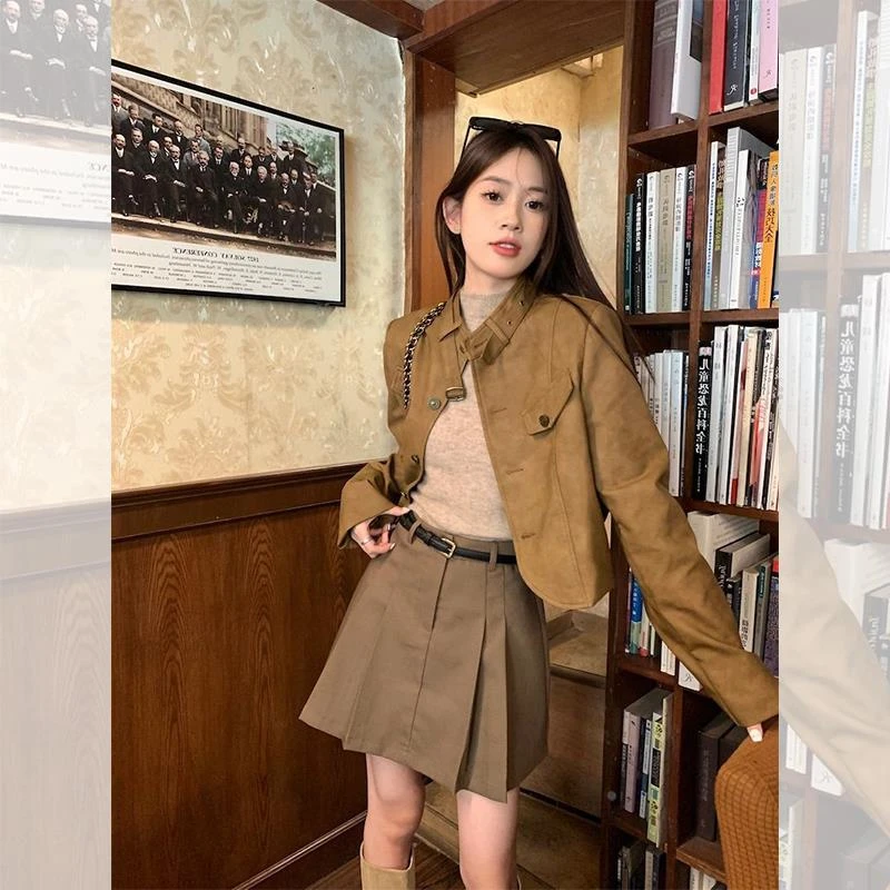 美国覆古小香棕色女式皮夹克2025秋季新款小短摩托车夹克春季