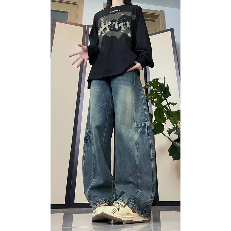 美式复古弯刀牛仔裤春秋高街潮牌痞帅宽松直筒长裤潮流阔腿裤子男