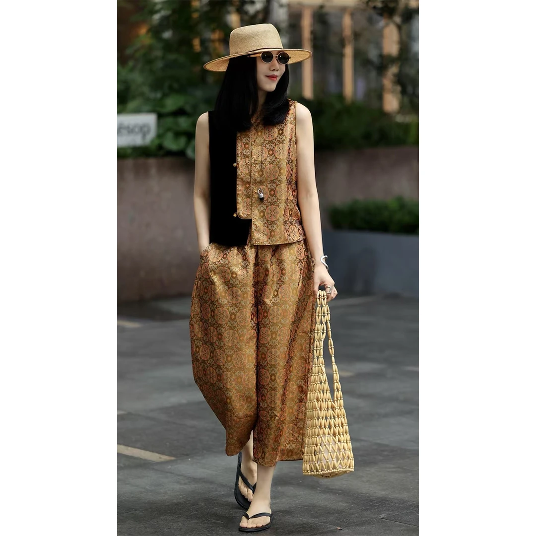 新中式女装夏季人丝蜀锦提花丝绒拼接设计感背心八分裤套装两件套