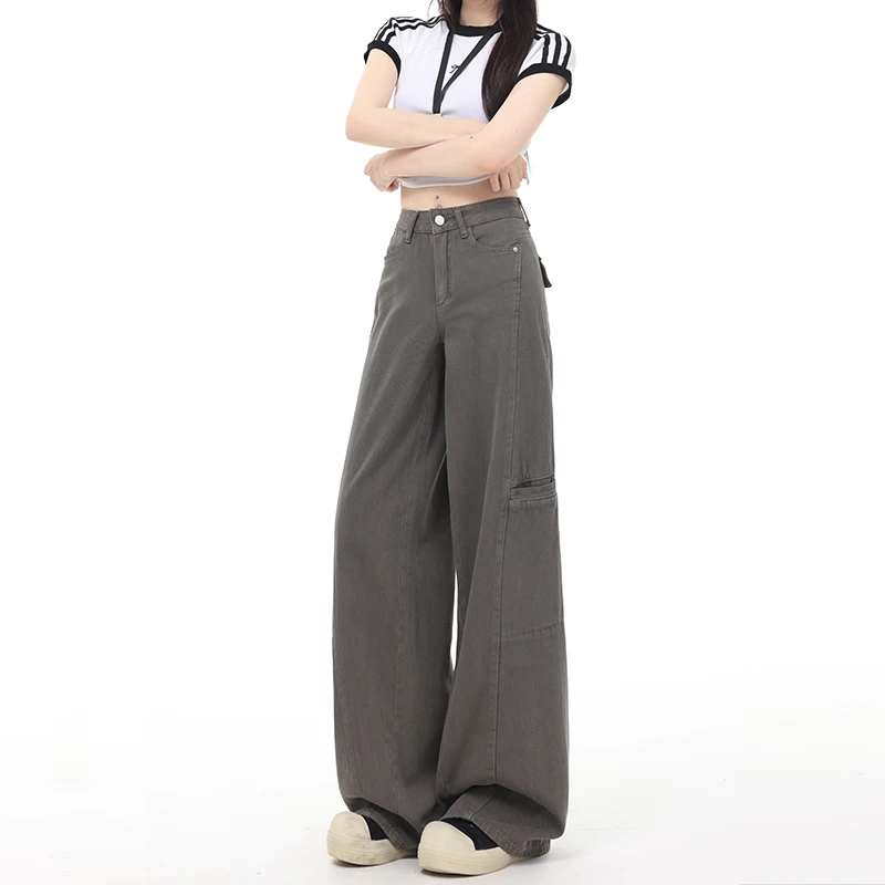 2025秋装水泥灰美式阔腿工装裤女春季新款复古高腰直筒牛仔裤子