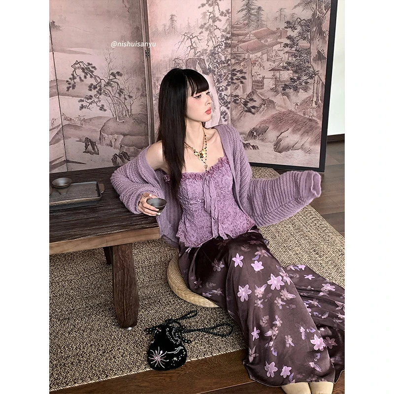 溺水三鱼【丁香风铃】气质提花蕾丝吊带内搭撞色印花半裙长裙套装