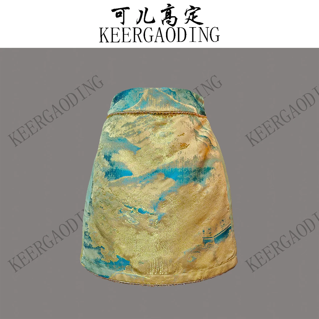 【可儿·高定】非遗织金宋锦高端新中式设计师款短裙蓝3-J6116-2蓝