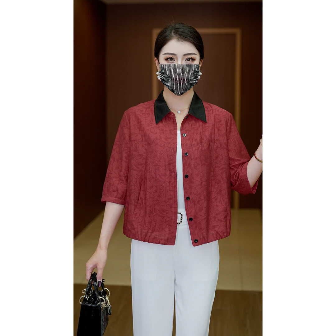 夏季新款衬衫七分袖薄款百搭拼接短款衬上衣女装印花防晒