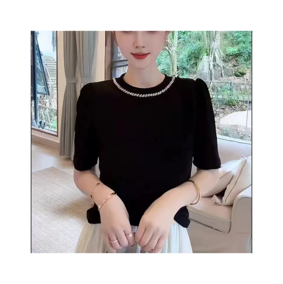 K817 新款重工领钻短袖T恤高弹力女薄款百搭小衫打底衫