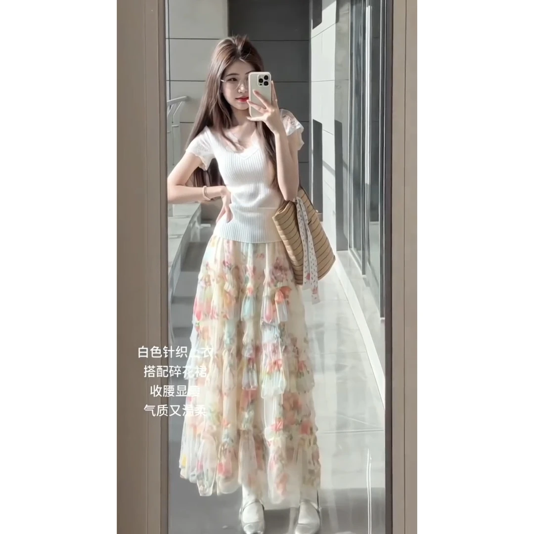 巨好看的高级感夏日大方得体穿搭休闲时尚短袖上衣半身裙两件套装