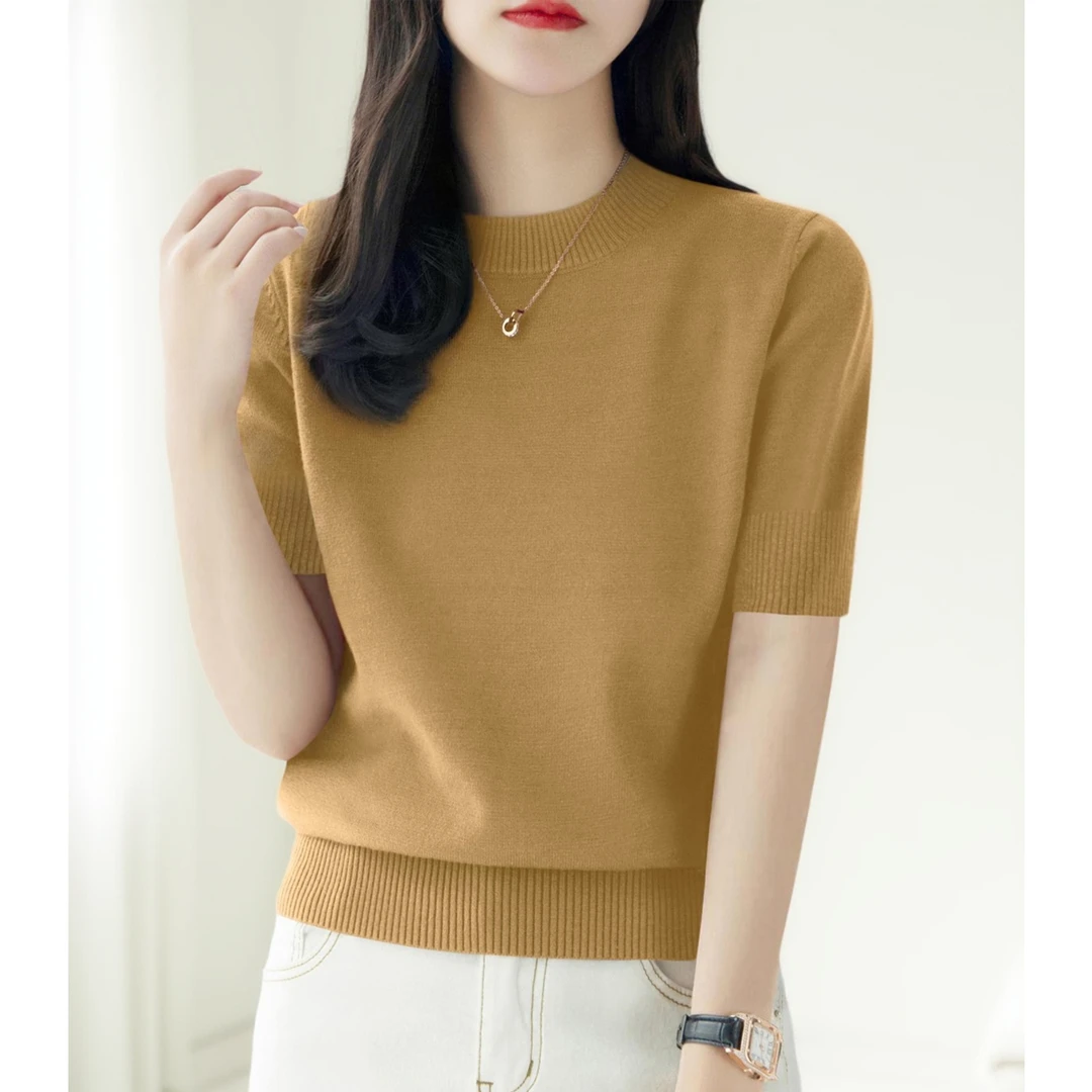 新款气质简约内搭五分袖针织衫春季时尚宽松圆领显瘦打底上衣女装
