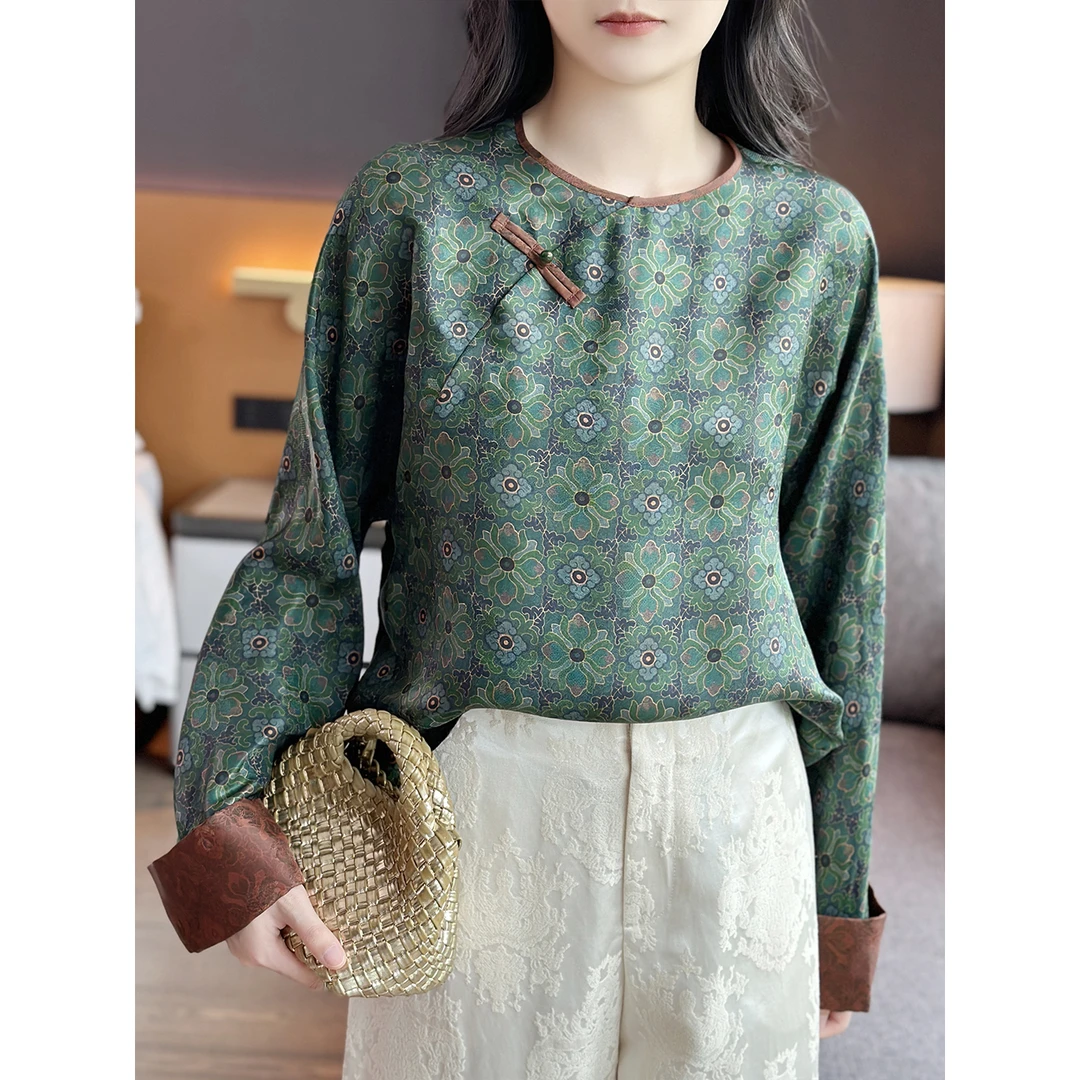 左左家 东方韵味~宝相纹提花真丝香云纱新中式圆领盘扣桑蚕丝衬衫