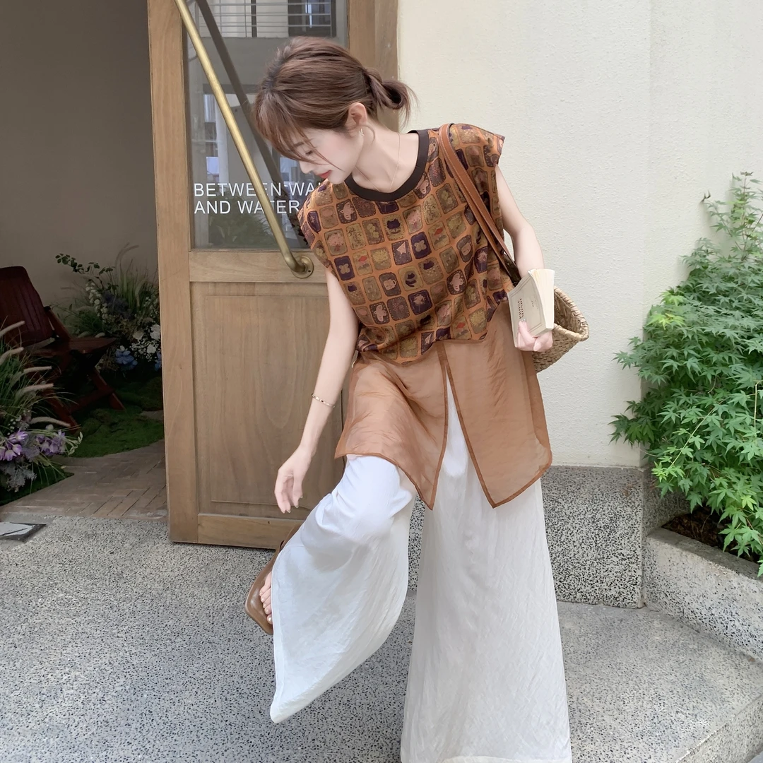 国风复古气质印花飞袖上衣2025夏季新款高级感宽松阔腿裤两件套