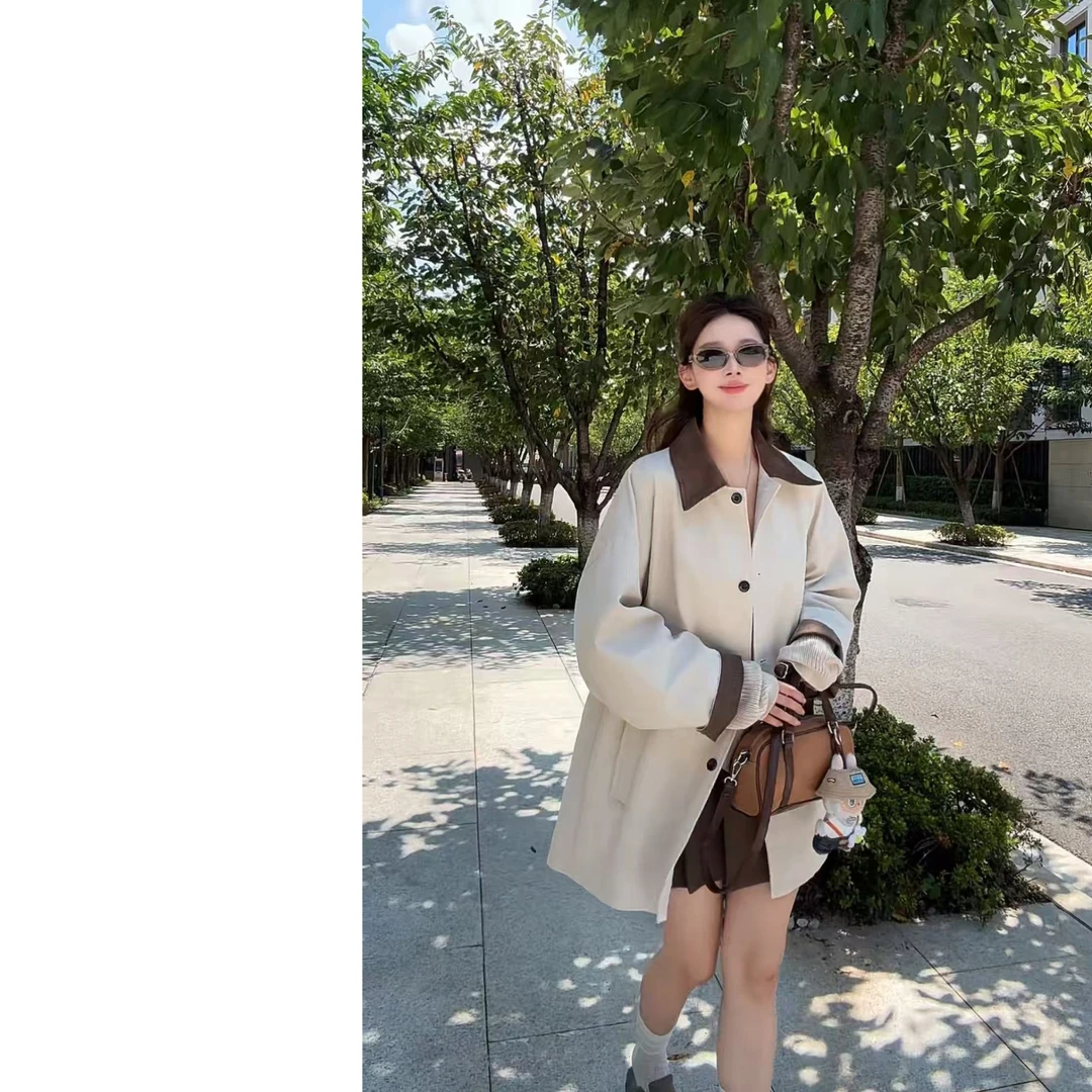 墨迹姐高个子微胖“撞色风衣”女士复古外套休闲百搭春秋季时尚上衣