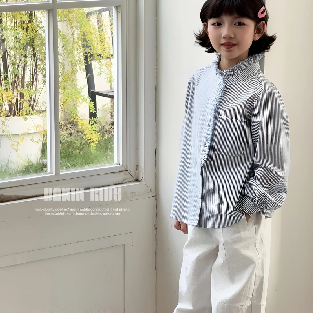 【嗒囜】女童韩版学院风立领竖条纹衬衫儿童洋气百搭25春季长袖衬衣