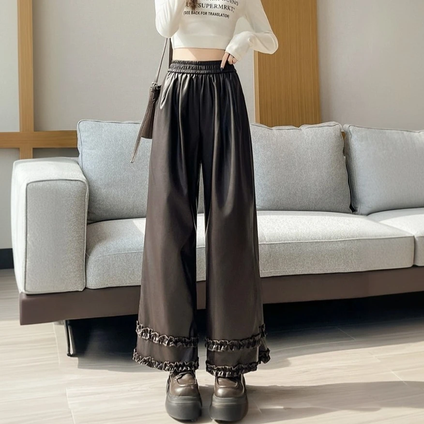 春秋阔腿裤女秋冬松紧高腰皮裤女款新款宽松百搭洋气pu皮休闲裤子