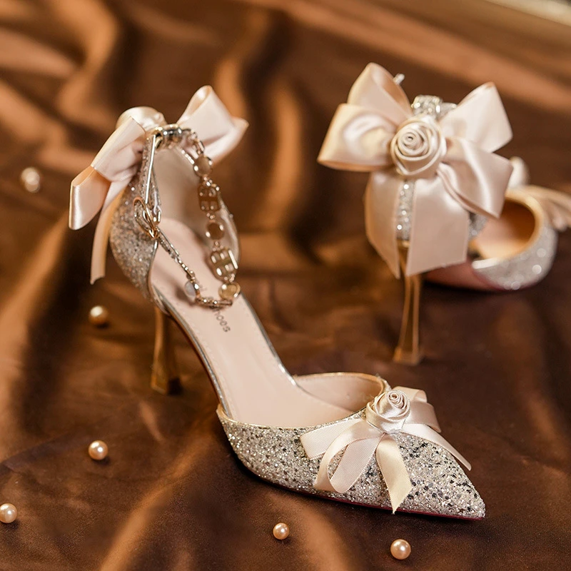 香港玫瑰水晶鞋成人礼蝴蝶结绑带装饰一字扣带礼服婚鞋细跟高跟鞋