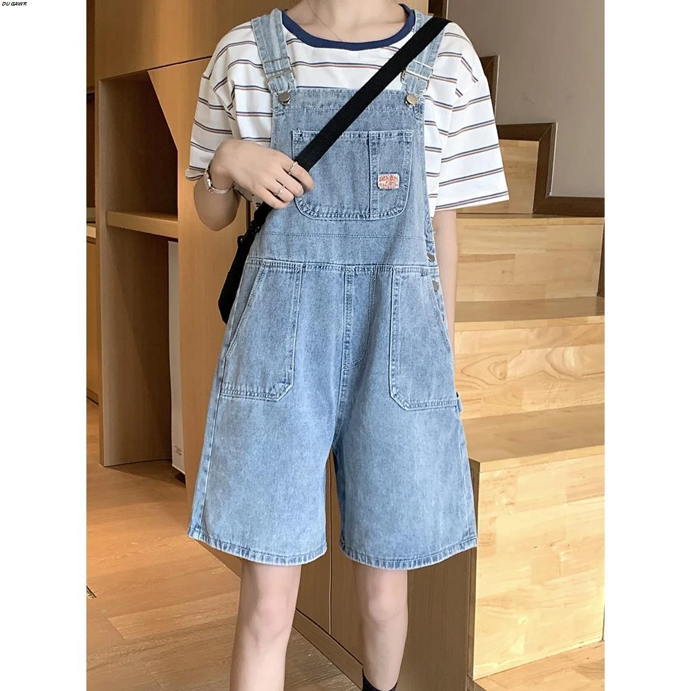 夏季大码背带裤女韩版宽松胖妹妹mm高腰显瘦牛仔五分阔腿短裤日系