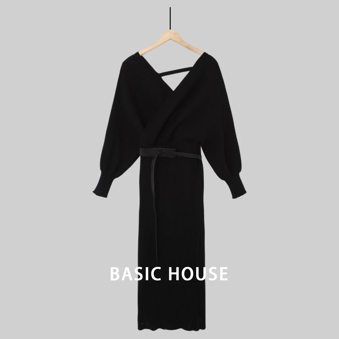 Basic House/百家好冬季气质显瘦设计师款针织腰带针织连衣裙LO22