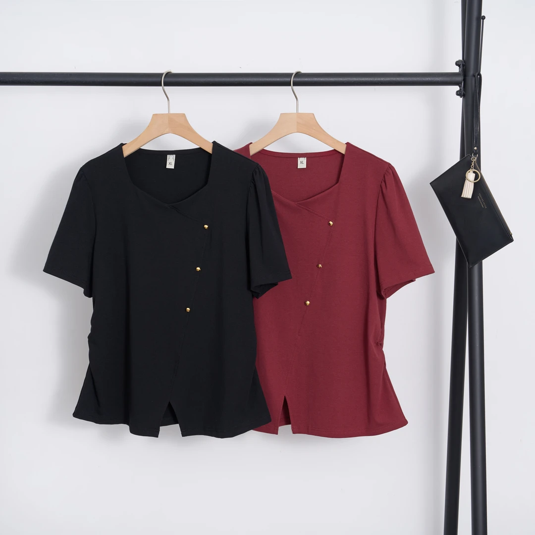 夏收腰套头开叉弧形下摆显廋大码重磅正肩方领红色短袖t恤女上衣