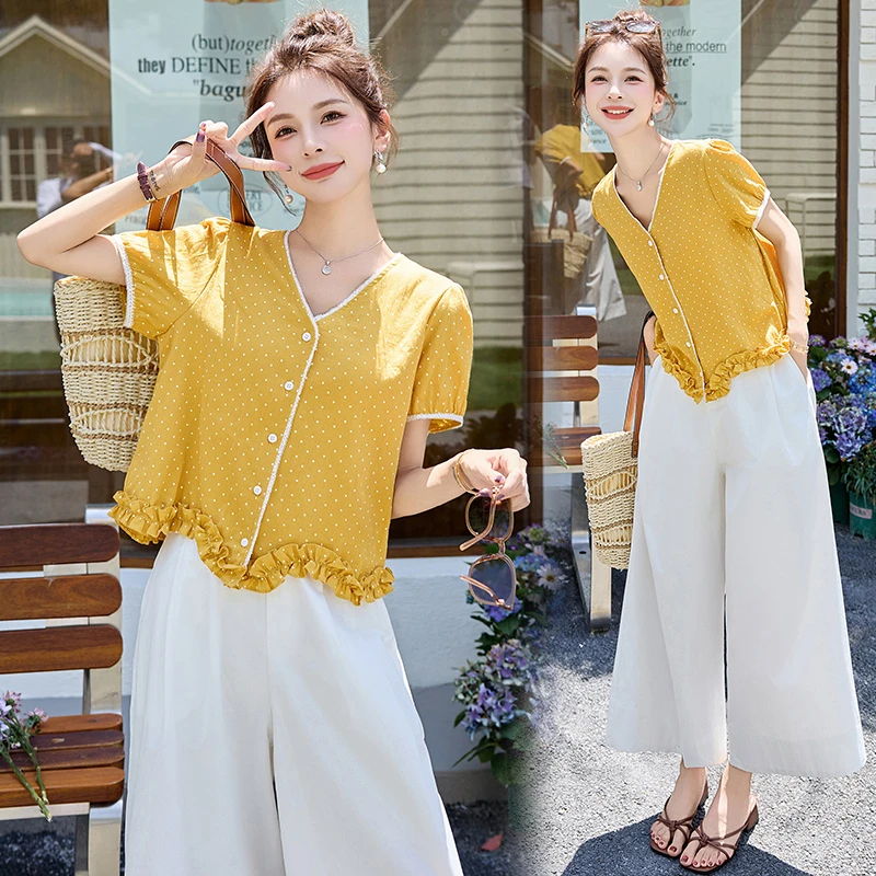 韩系V领波点套装女2025年夏季新款设计感休闲甜美风阔腿裤两件套