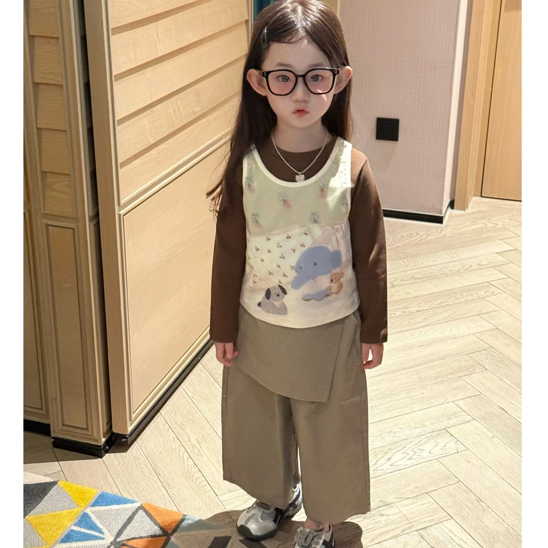 【2025新款】女童秋装卡通小象长袖背心卡其工装裤韩系女宝秋装MM