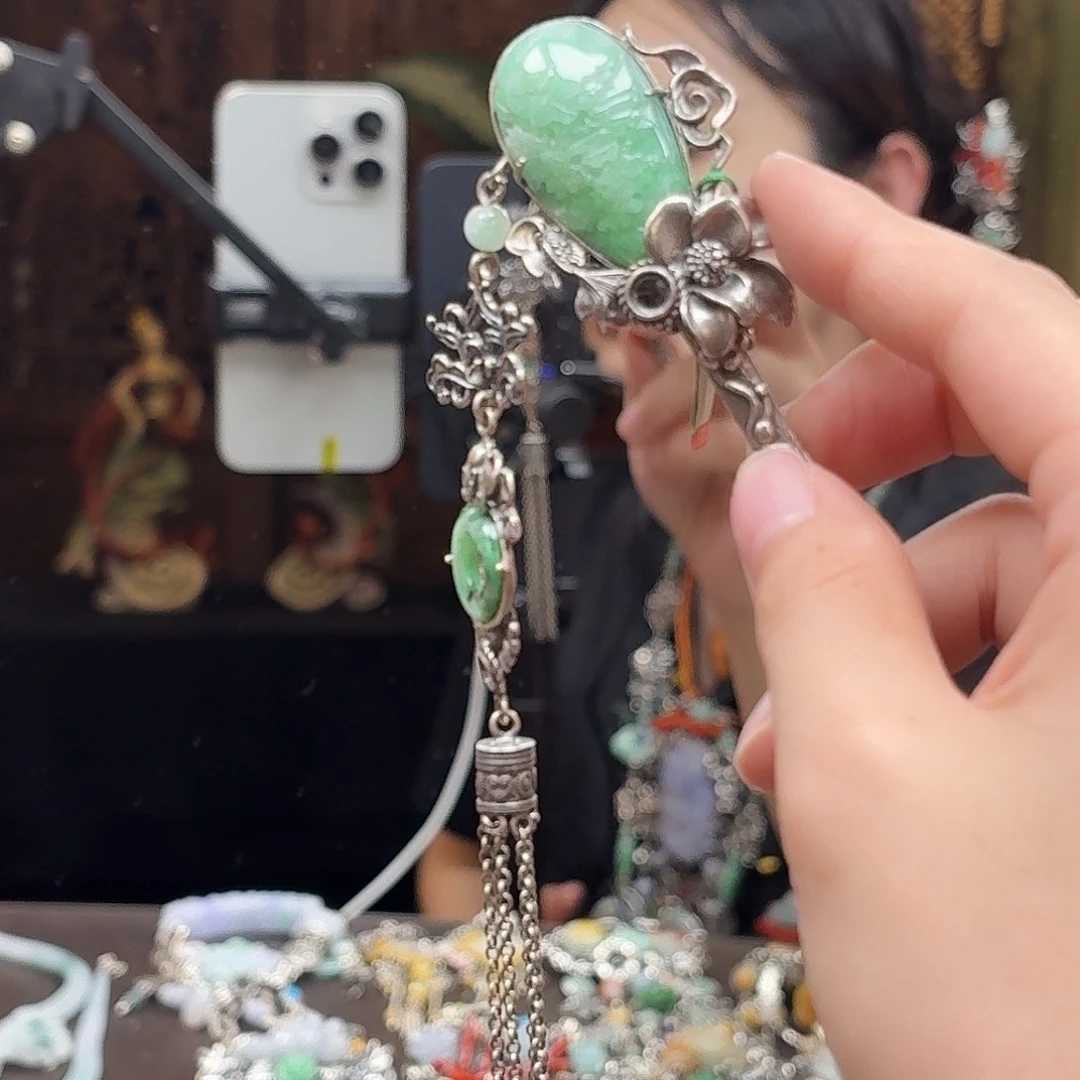 翡翠银S925镶嵌发饰发簪