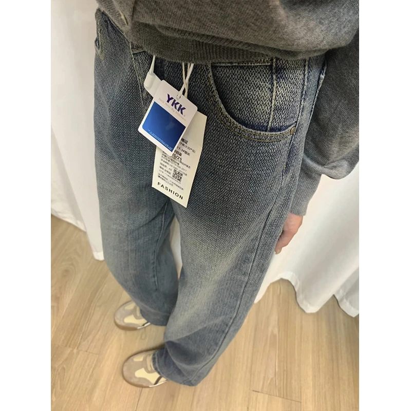 裤长110cm 秋冬加绒窄版阔脚牛仔拖地裤女ins高腰星空纹高个子175