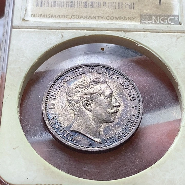 银Ag900德国威廉二世2马克银币好品。