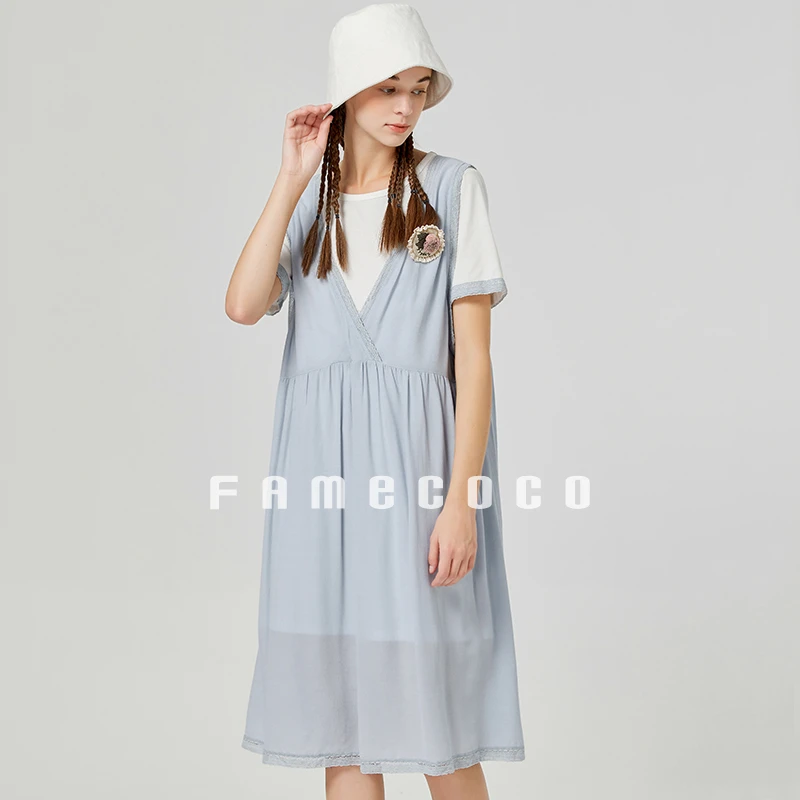 Famecoco范可儿青春减龄蕾丝花边T恤套装连衣裙两件套F223EA003